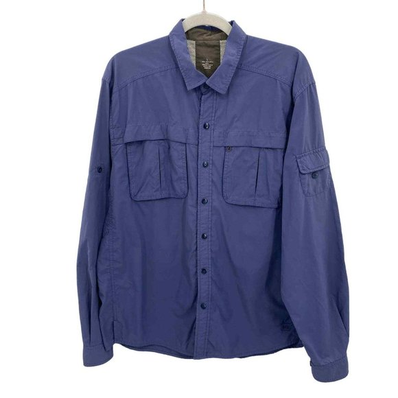 REI Button Front Shirt Mens Large Blue‎ Polyester Vented Pockets Roll Tab - Picture 1 of 8